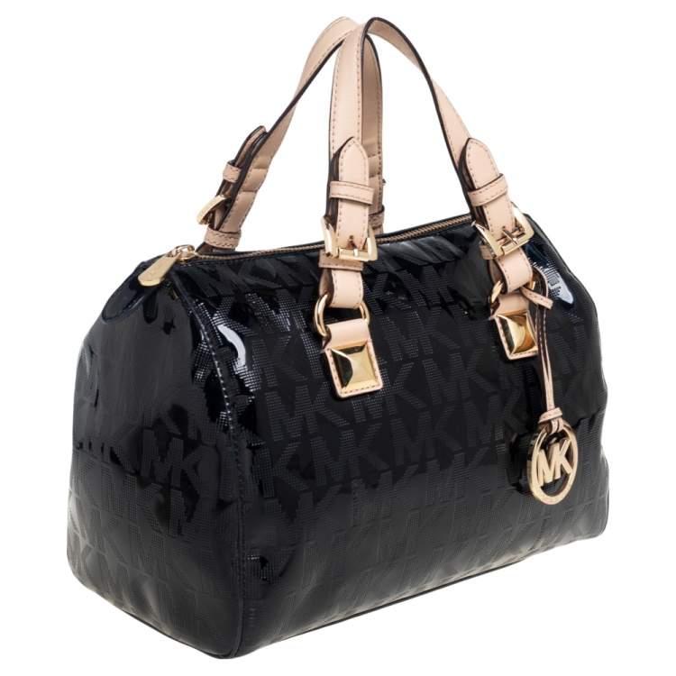 Pre Owned MICHAEL Michael Kors Black Signature Patent and Leather Grayson Satchel