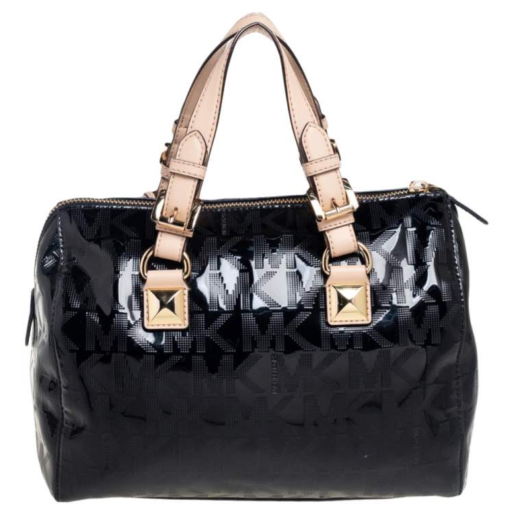 Pre Owned MICHAEL Michael Kors Black Signature Patent and Leather Grayson Satchel
