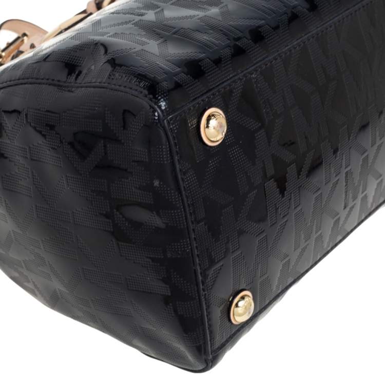 Pre Owned MICHAEL Michael Kors Black Signature Patent and Leather Grayson Satchel