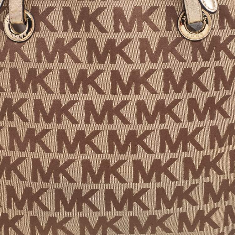 Pre Owned MICHAEL Michael Kors Beige/Gold Signature Canvas and Leather Jet Set Tote