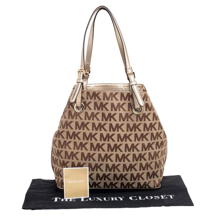 Pre Owned MICHAEL Michael Kors Beige/Gold Signature Canvas and Leather Jet Set Tote
