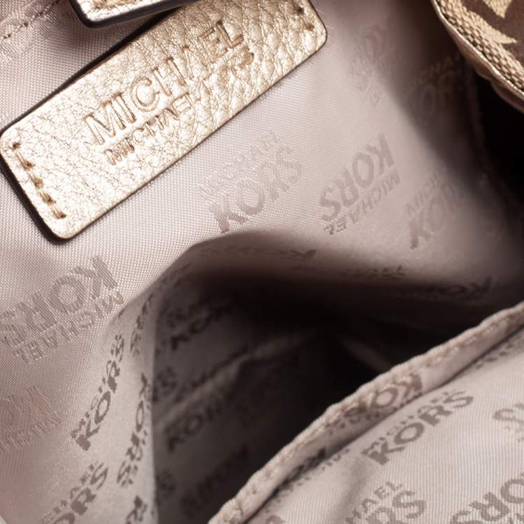 Pre Owned MICHAEL Michael Kors Beige/Gold Signature Canvas and Leather Jet Set Tote