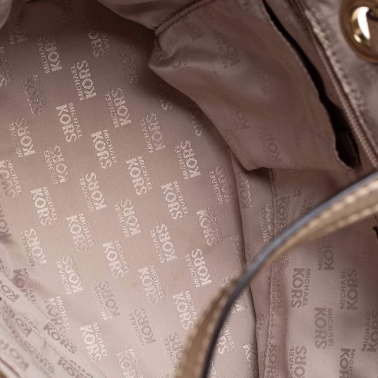 Pre Owned MICHAEL Michael Kors Beige/Gold Signature Canvas and Leather Jet Set Tote