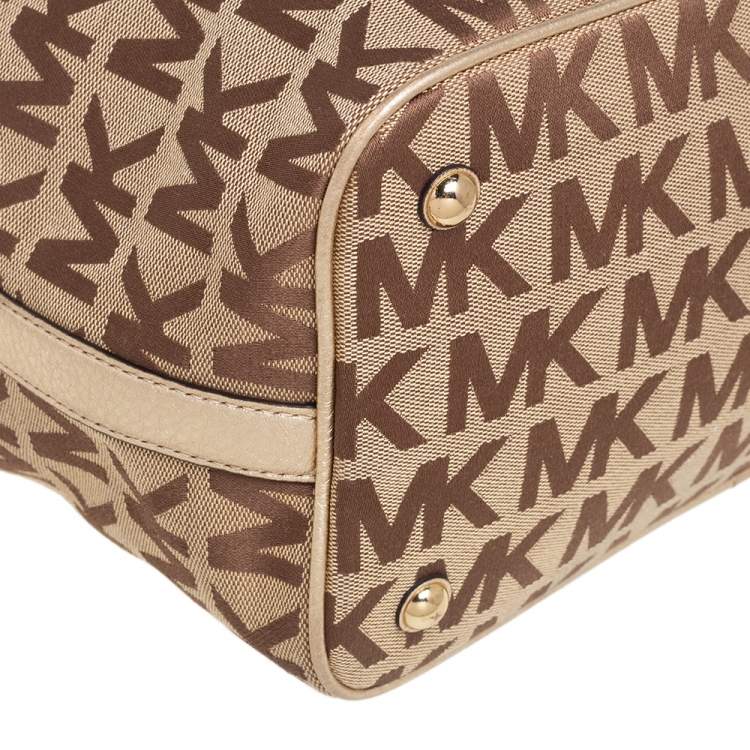 Pre Owned MICHAEL Michael Kors Beige/Gold Signature Canvas and Leather Jet Set Tote
