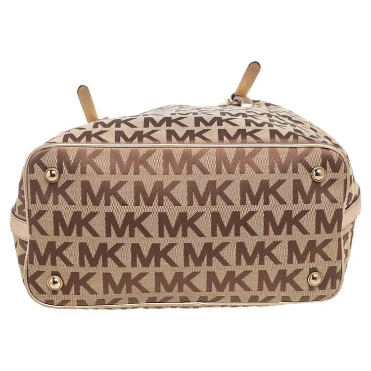 Pre Owned MICHAEL Michael Kors Beige/Gold Signature Canvas and Leather Jet Set Tote