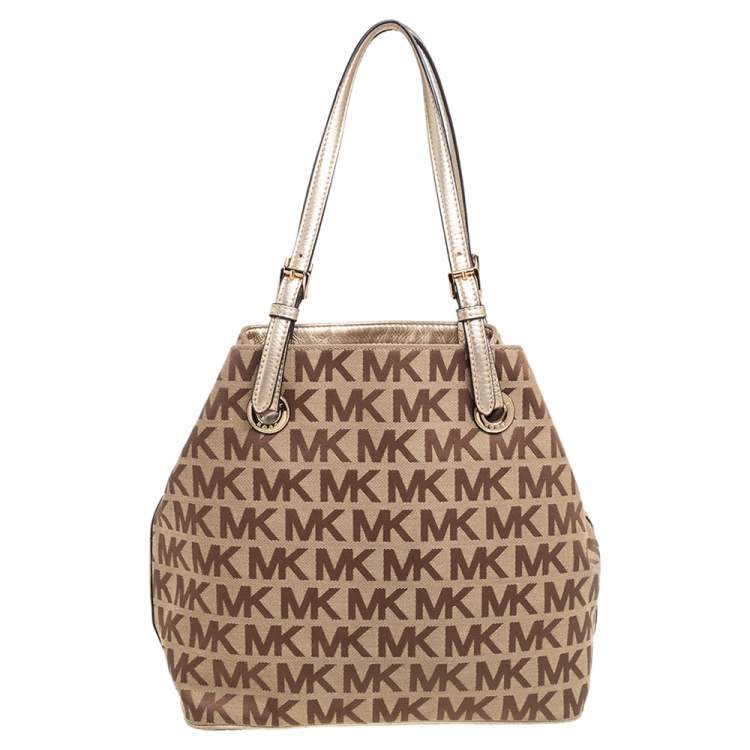 Pre Owned MICHAEL Michael Kors Beige/Gold Signature Canvas and Leather Jet Set Tote