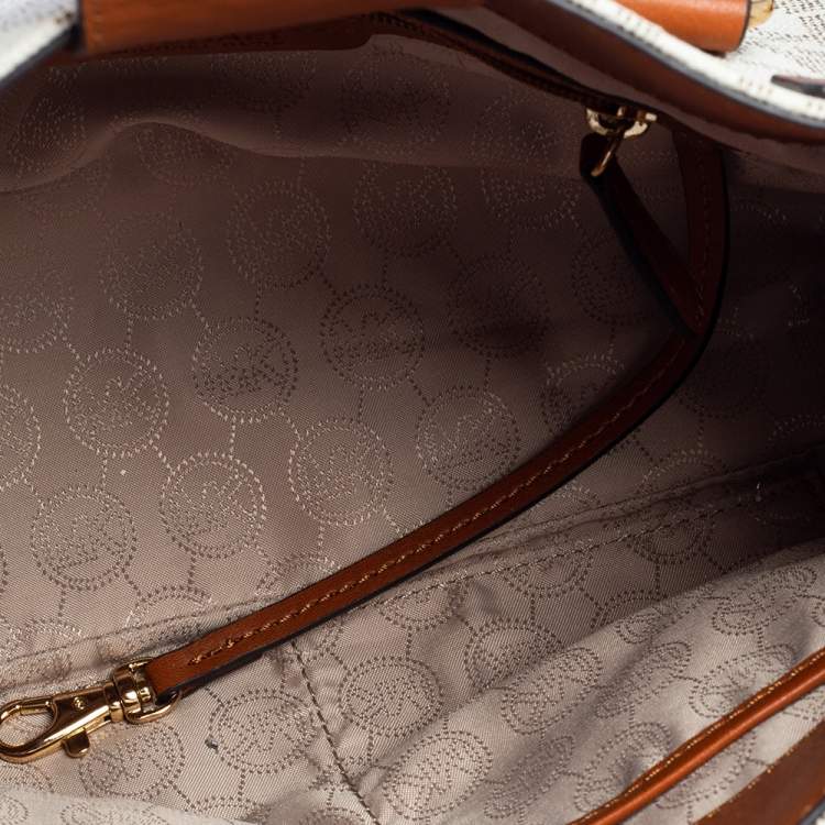 Pre Owned MICHAEL Michael Kors White/Brown Leather and Signature Coated Canvas Hamilton East West Tote