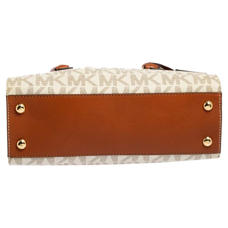 Pre Owned MICHAEL Michael Kors White/Brown Leather and Signature Coated Canvas Hamilton East West Tote