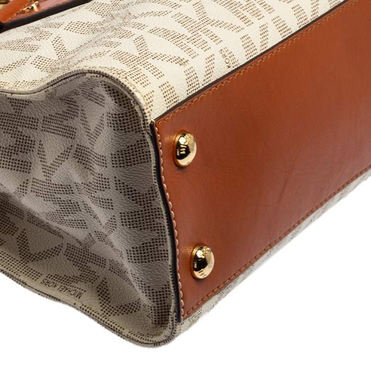 Pre Owned MICHAEL Michael Kors White/Brown Leather and Signature Coated Canvas Hamilton East West Tote