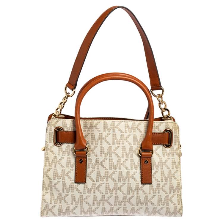 Pre Owned MICHAEL Michael Kors White/Brown Leather and Signature Coated Canvas Hamilton East West Tote