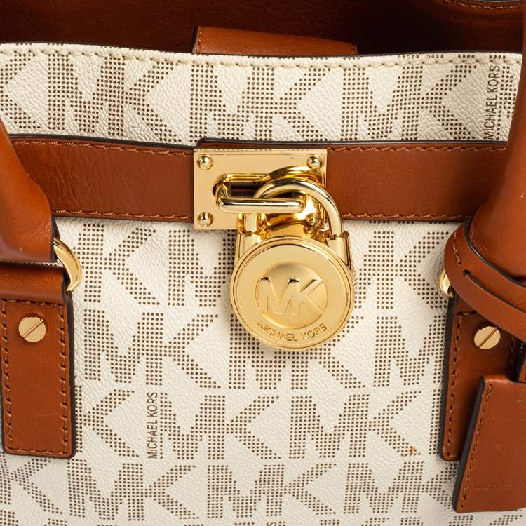 Pre Owned MICHAEL Michael Kors White/Brown Leather and Signature Coated Canvas Hamilton East West Tote
