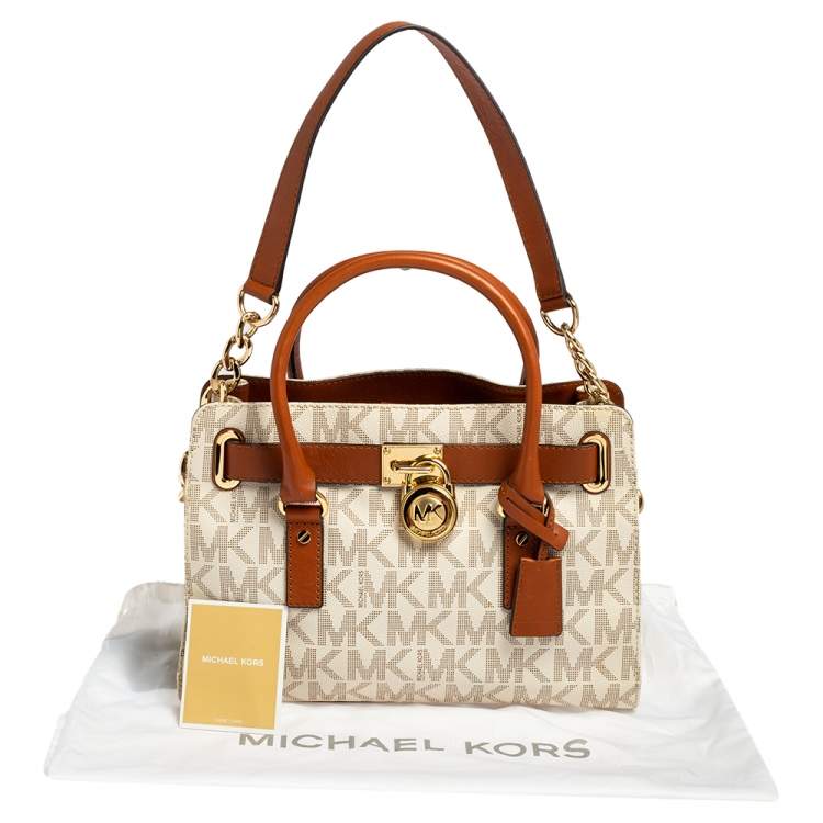 Pre Owned MICHAEL Michael Kors White/Brown Leather and Signature Coated Canvas Hamilton East West Tote