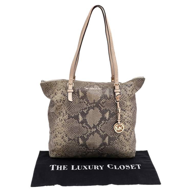 Pre Owned MICHAEL Michael Kors Khaki/Black Python Effect Leather Tote