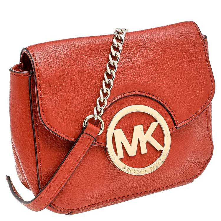 Pre Owned Michael Michael Kors Orange Leather Fulton Crossbody Bag