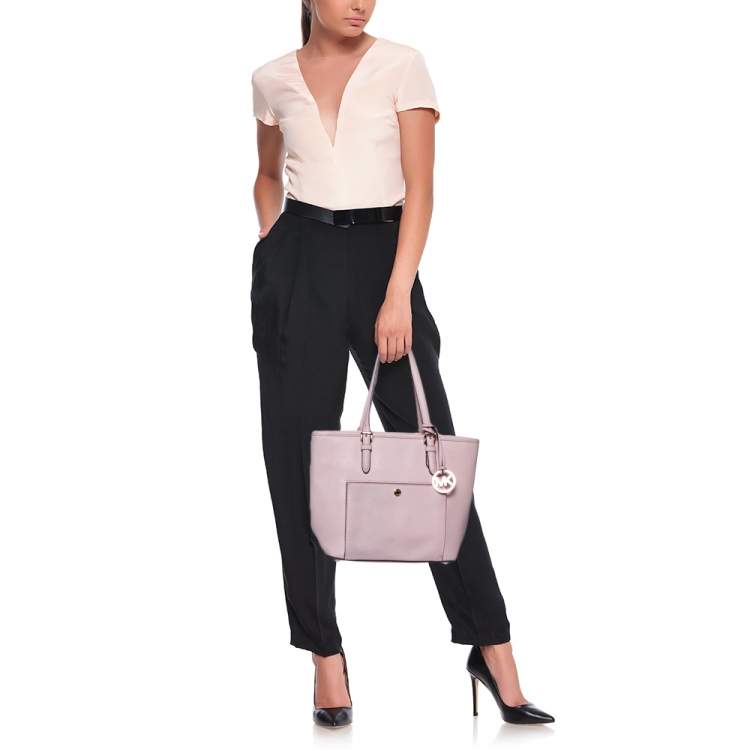 Pre Owned MICHAEL Michael Kors Pink Leather Jet Set Snap Pocket Tote