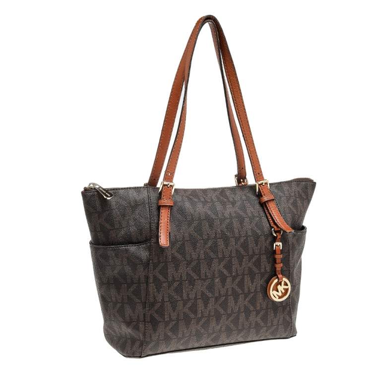 Pre Owned MICHAEL Michael Kors Brown Signature Coated Canvas And Leather Jet Set Tote