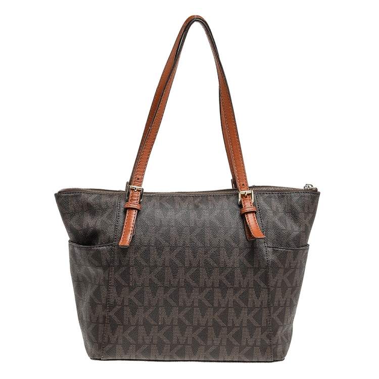 Pre Owned MICHAEL Michael Kors Brown Signature Coated Canvas And Leather Jet Set Tote