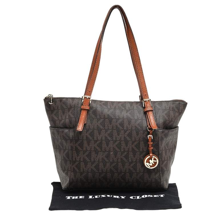Pre Owned MICHAEL Michael Kors Brown Signature Coated Canvas And Leather Jet Set Tote