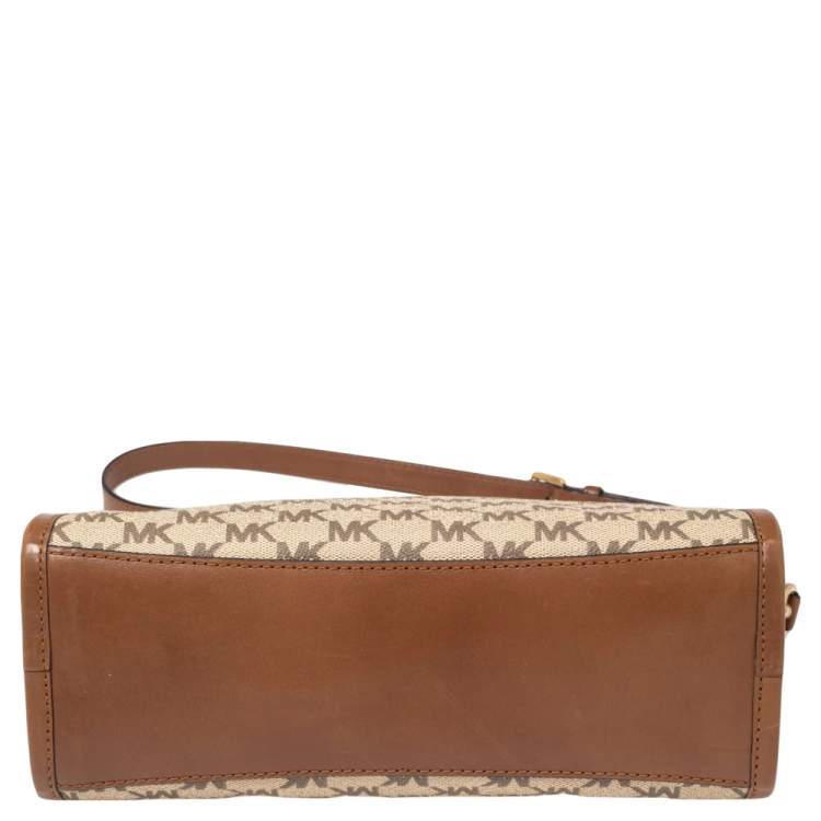 Pre Owned Michael Michael Kors Tan Heritage Signature Coated Canvas and Leather Mabel Crossbody Bag