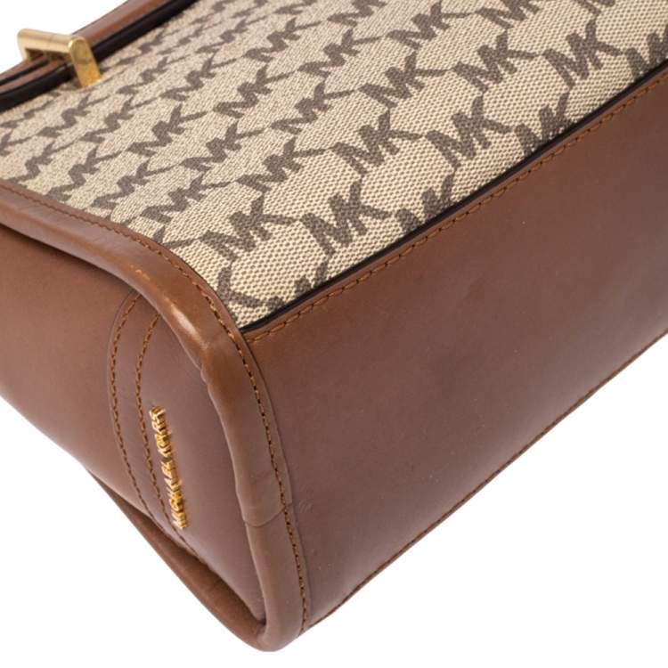 Pre Owned Michael Michael Kors Tan Heritage Signature Coated Canvas and Leather Mabel Crossbody Bag
