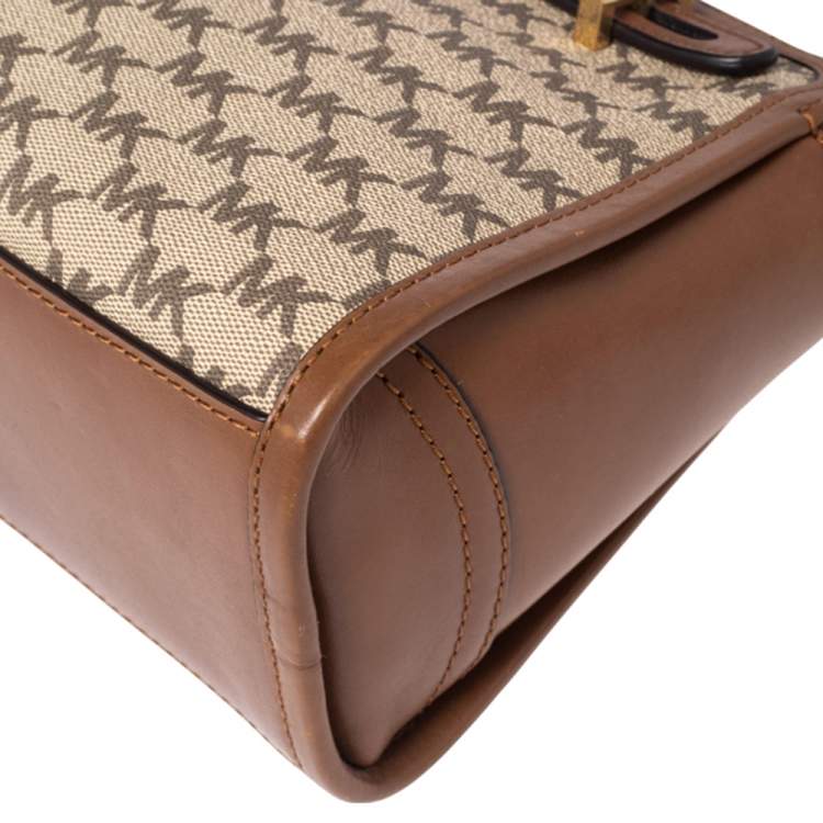 Pre Owned Michael Michael Kors Tan Heritage Signature Coated Canvas and Leather Mabel Crossbody Bag