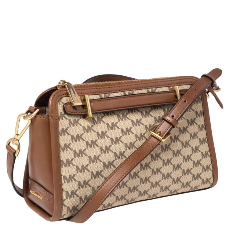 Pre Owned Michael Michael Kors Tan Heritage Signature Coated Canvas and Leather Mabel Crossbody Bag
