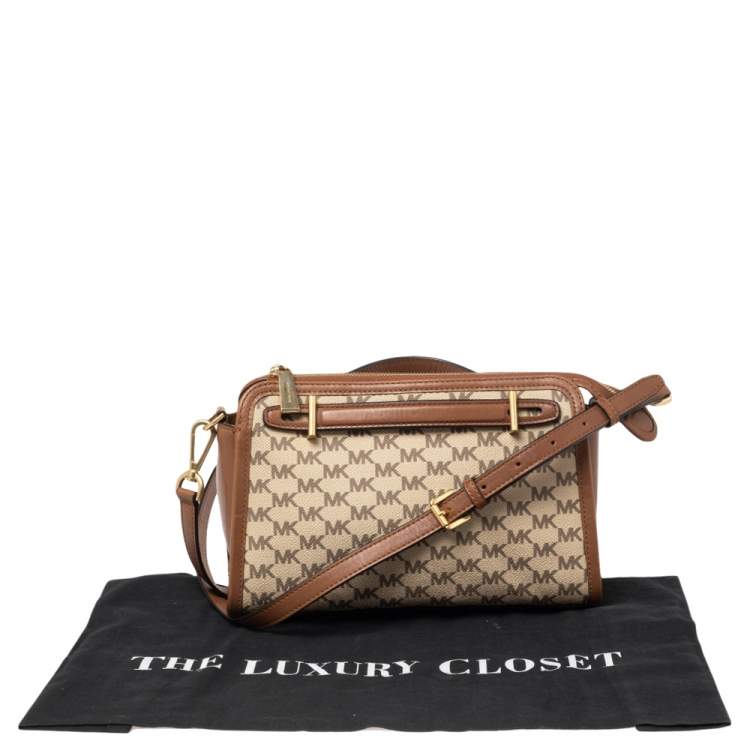 Pre Owned Michael Michael Kors Tan Heritage Signature Coated Canvas and Leather Mabel Crossbody Bag
