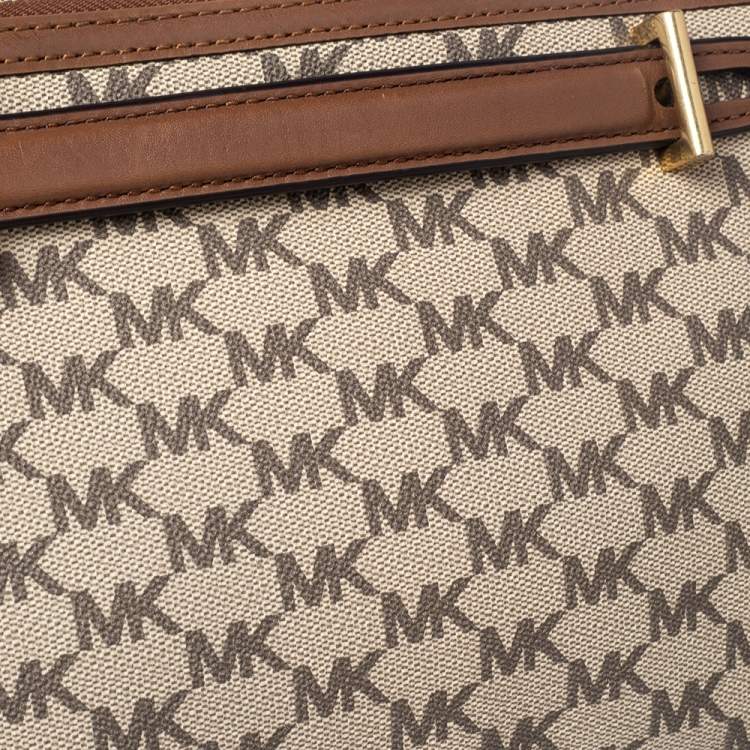 Pre Owned Michael Michael Kors Tan Heritage Signature Coated Canvas and Leather Mabel Crossbody Bag