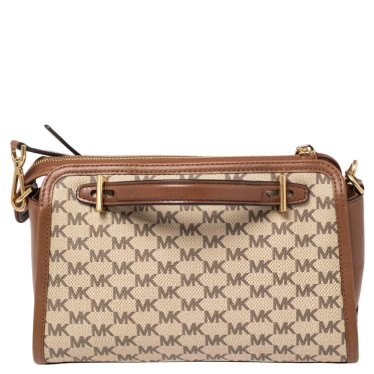 Pre Owned Michael Michael Kors Tan Heritage Signature Coated Canvas and Leather Mabel Crossbody Bag