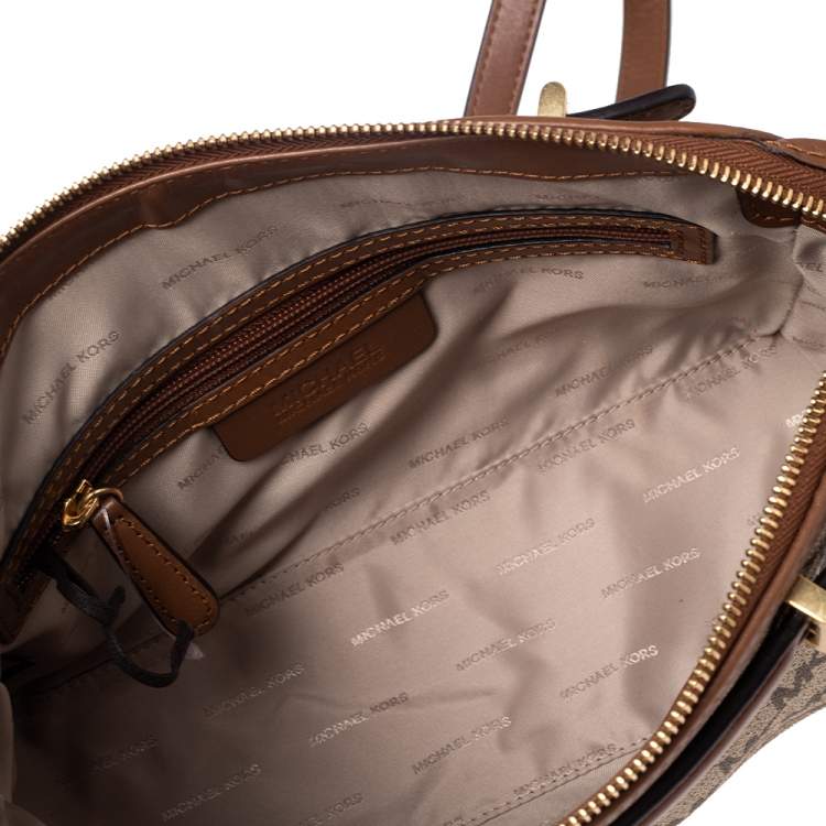 Pre Owned Michael Michael Kors Tan Heritage Signature Coated Canvas and Leather Mabel Crossbody Bag