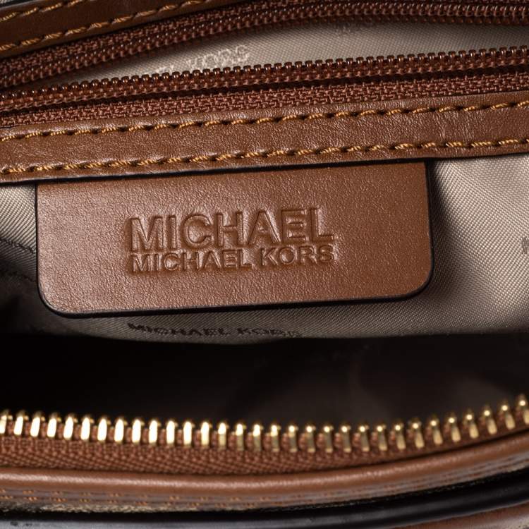 Pre Owned Michael Michael Kors Tan Heritage Signature Coated Canvas and Leather Mabel Crossbody Bag