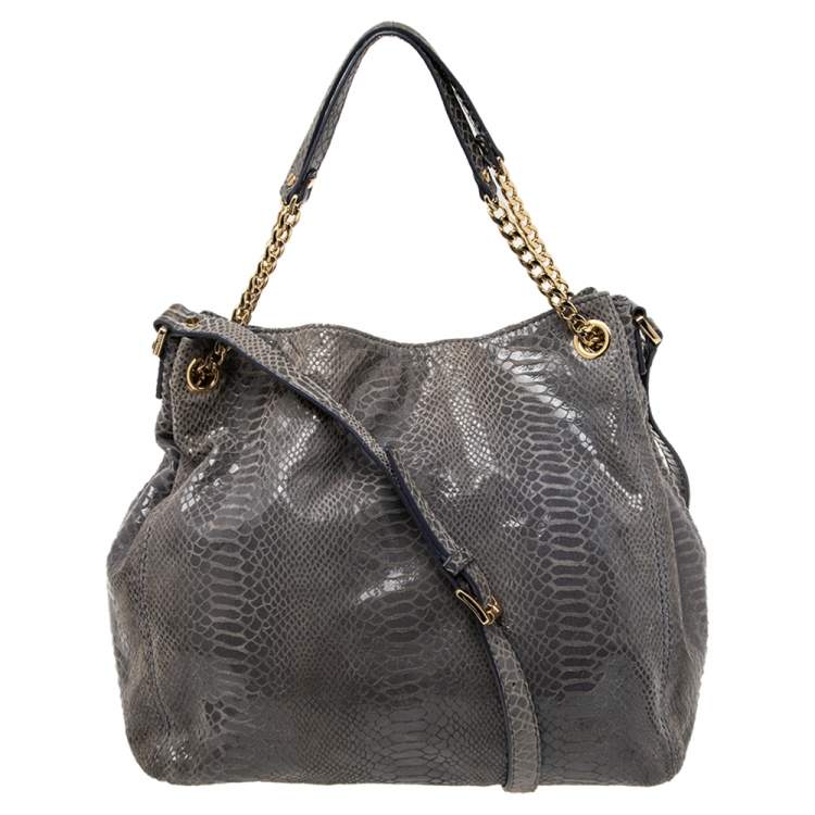 Pre Owned MICHAEL Michael Kors Metallic Grey Python Embossed Leather Convertible Tote