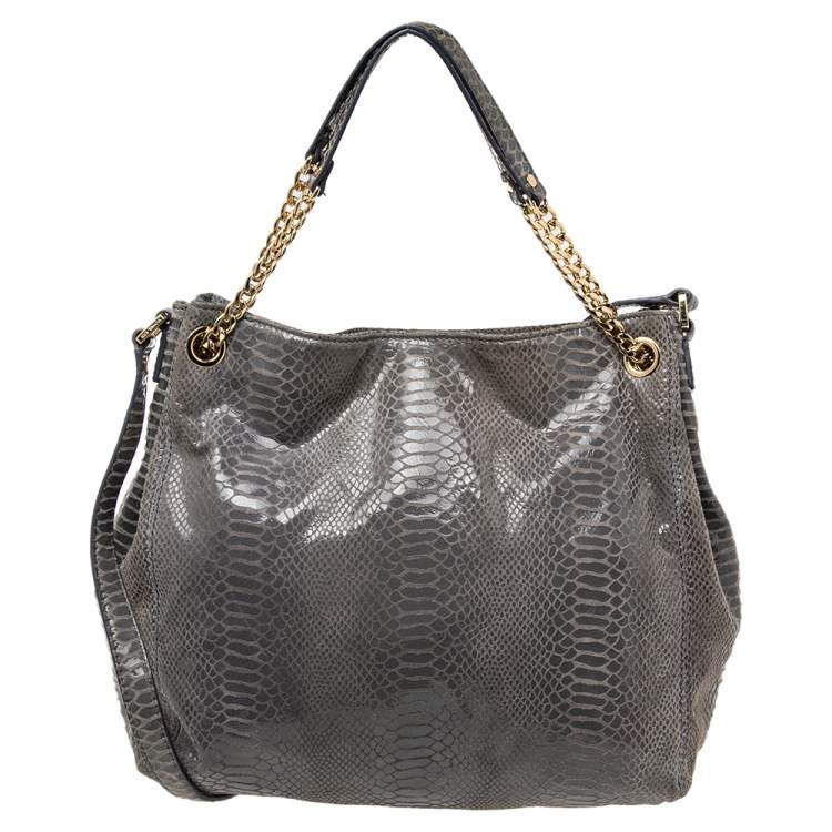 Pre Owned MICHAEL Michael Kors Metallic Grey Python Embossed Leather Convertible Tote