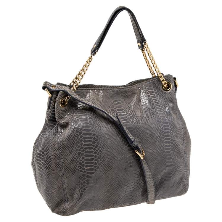Pre Owned MICHAEL Michael Kors Metallic Grey Python Embossed Leather Convertible Tote