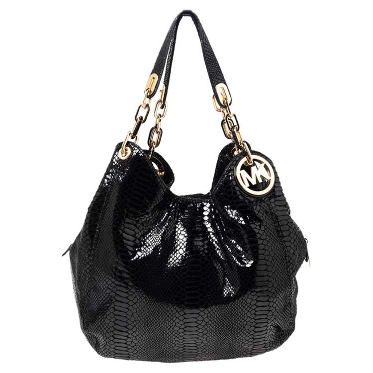 Pre Owned MICHAEL Michael Kors Black Glossy Python Embossed Leather Fulton Shoulder Bag