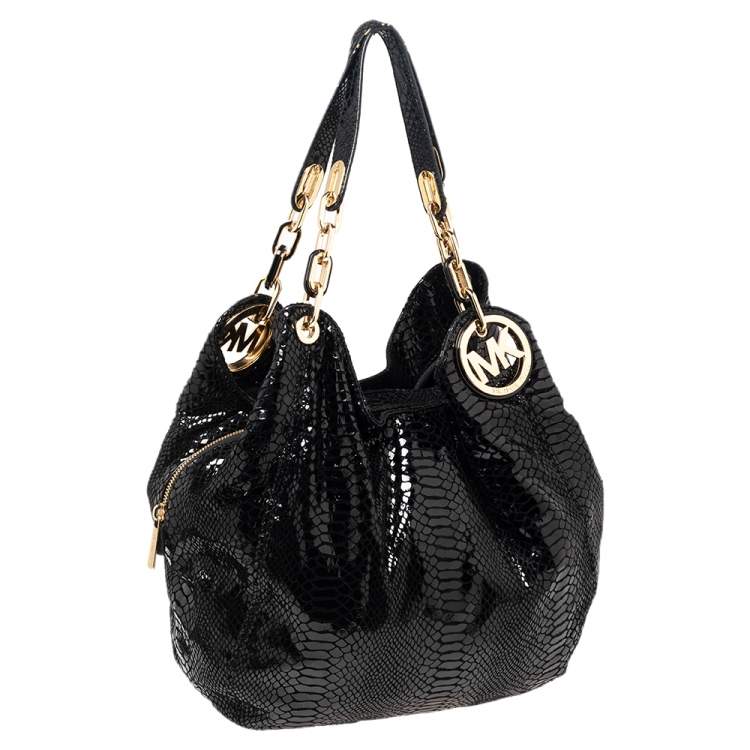 Pre Owned MICHAEL Michael Kors Black Glossy Python Embossed Leather Fulton Shoulder Bag