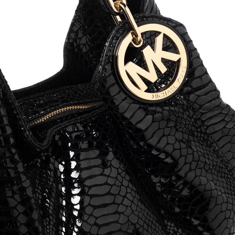 Pre Owned MICHAEL Michael Kors Black Glossy Python Embossed Leather Fulton Shoulder Bag