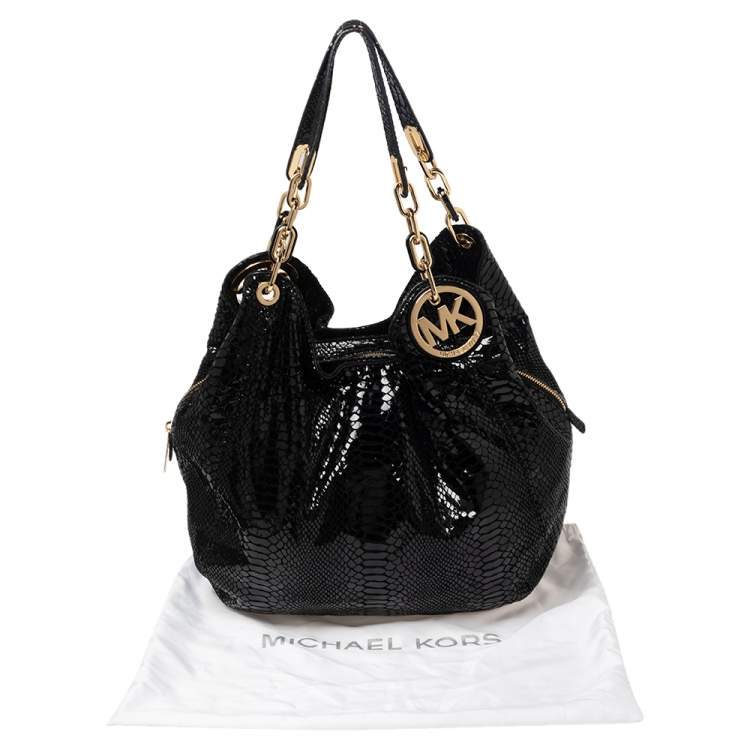 Pre Owned MICHAEL Michael Kors Black Glossy Python Embossed Leather Fulton Shoulder Bag