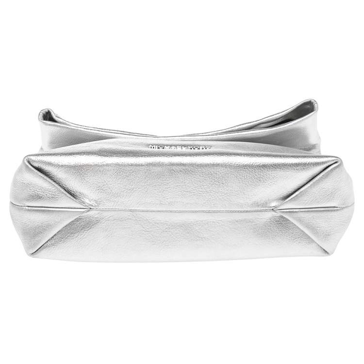 Pre Owned MICHAEL Michael Kors Metallic Silver Leather Daria Fold Over Clutch