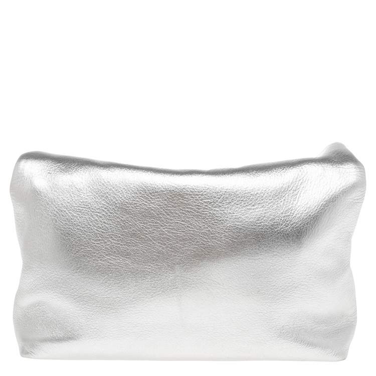 Pre Owned MICHAEL Michael Kors Metallic Silver Leather Daria Fold Over Clutch