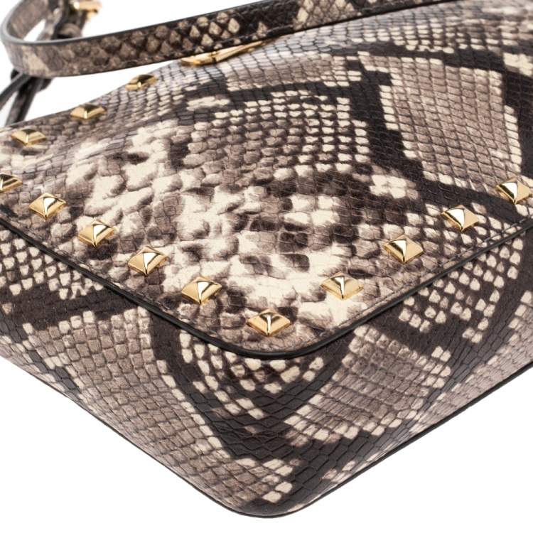 Pre Owned MICHAEL Michael Kors Beige/Black Python Embossed Leather Jet Set Camera Crossbody Bag