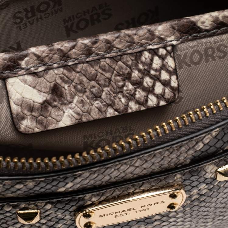 Pre Owned MICHAEL Michael Kors Beige/Black Python Embossed Leather Jet Set Camera Crossbody Bag