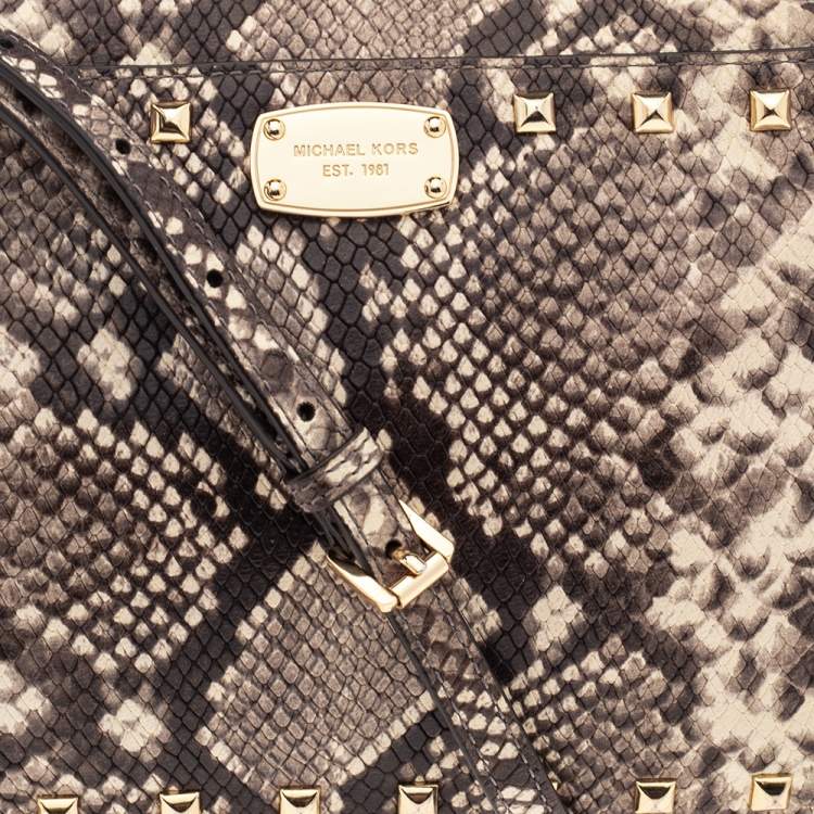 Pre Owned MICHAEL Michael Kors Beige/Black Python Embossed Leather Jet Set Camera Crossbody Bag