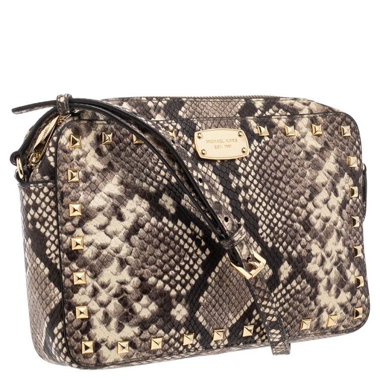 Pre Owned MICHAEL Michael Kors Beige/Black Python Embossed Leather Jet Set Camera Crossbody Bag