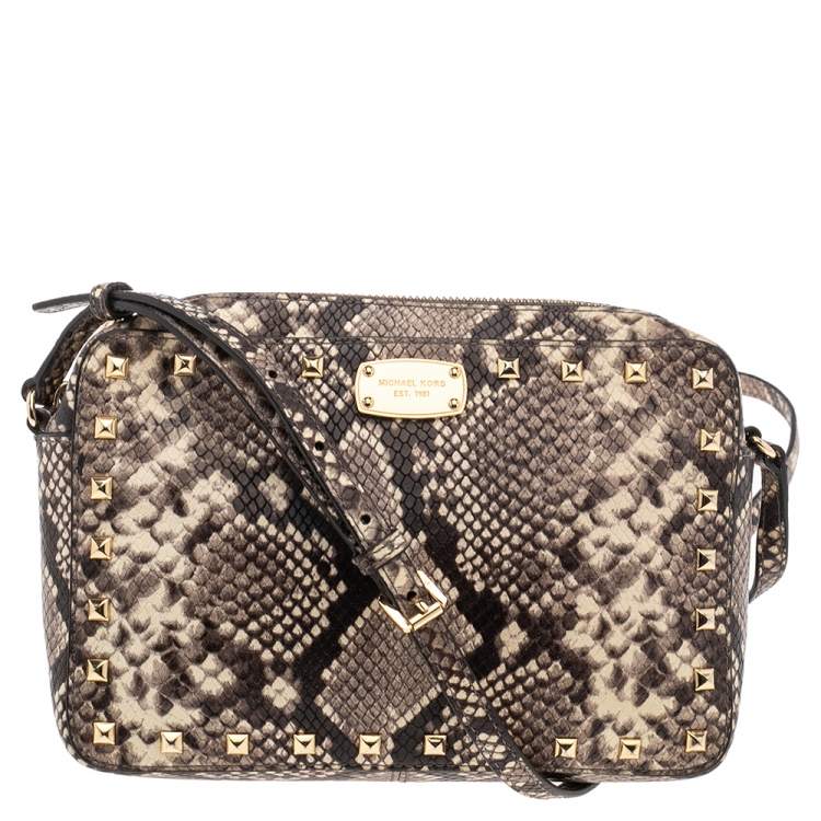 Pre Owned MICHAEL Michael Kors Beige/Black Python Embossed Leather Jet Set Camera Crossbody Bag