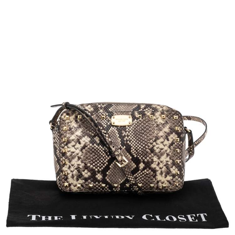 Pre Owned MICHAEL Michael Kors Beige/Black Python Embossed Leather Jet Set Camera Crossbody Bag