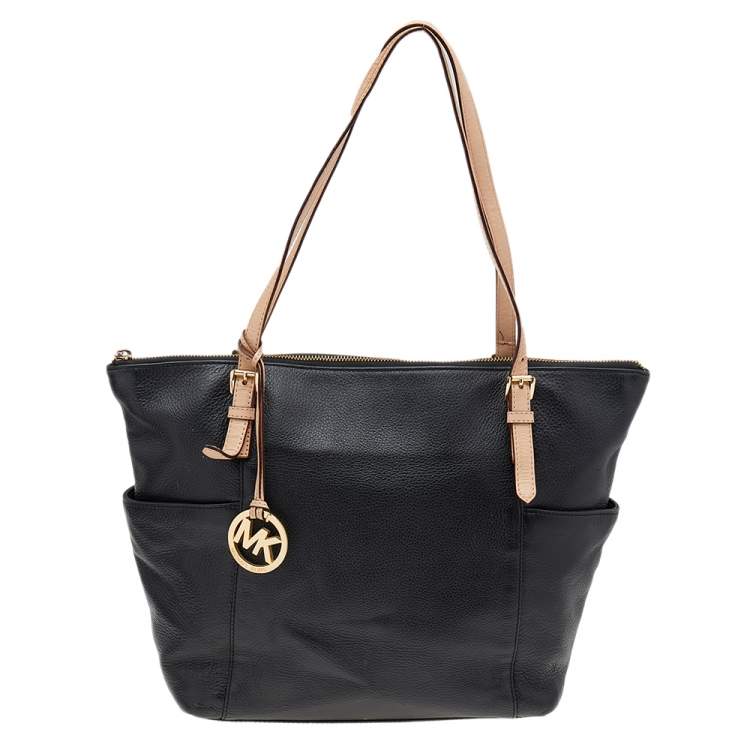 Pre Owned MICHAEL Michael Kors Black/Beige Leather Jet Set Top-Zip Tote