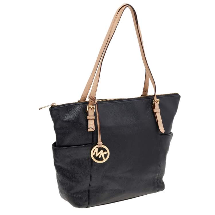 Pre Owned MICHAEL Michael Kors Black/Beige Leather Jet Set Top-Zip Tote