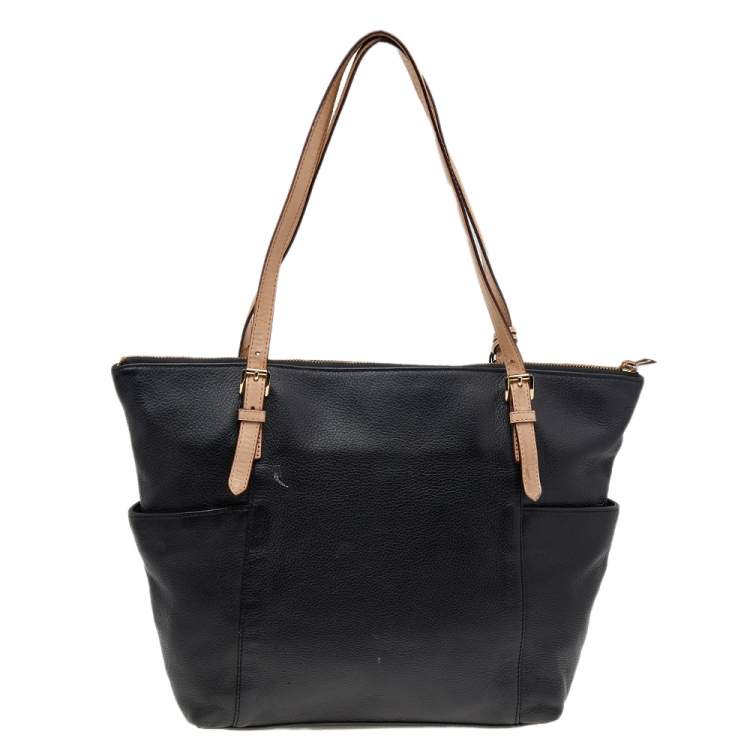 Pre Owned MICHAEL Michael Kors Black/Beige Leather Jet Set Top-Zip Tote