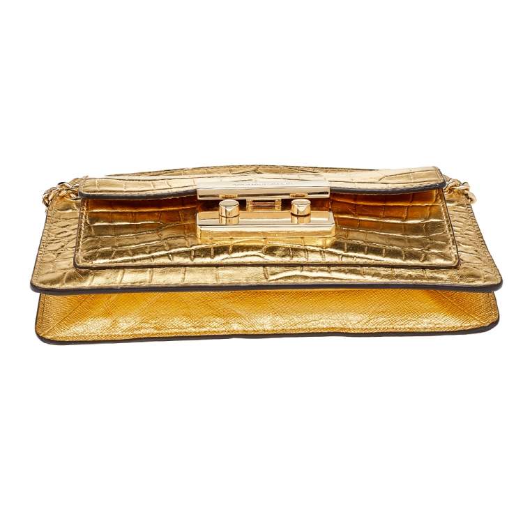 Pre Owned MICHAEL Michael Kors Metallic Gold Croc Embossed Leather Sloan Shoulder Bag